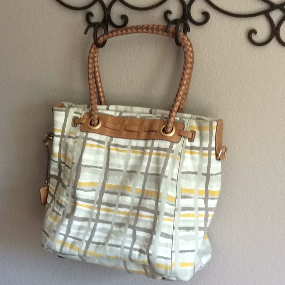 Liz Claiborne Plaid Tote - Yellow, Gray, Tan